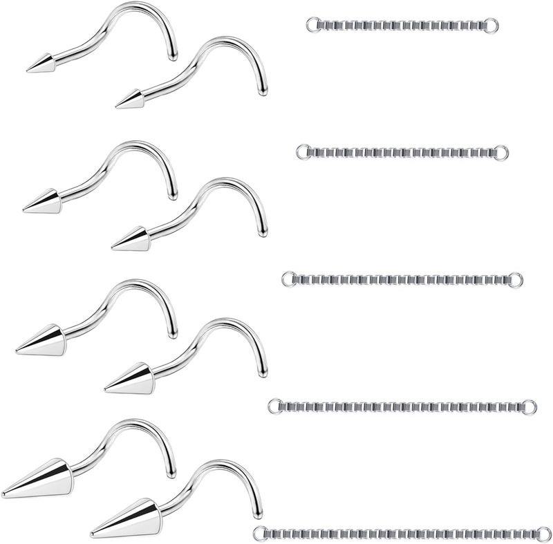 AccGin Store 20G Spike Nose Rings Studs with Chains Stainless Steel Spike Nostril Ring Stud Chain Black Rook Corkscrew Ring L-Shaped Nose Piercing Jewelry Nose Piercing Stud Lip Piercing Jewelry Black Silver Gold - Image 1